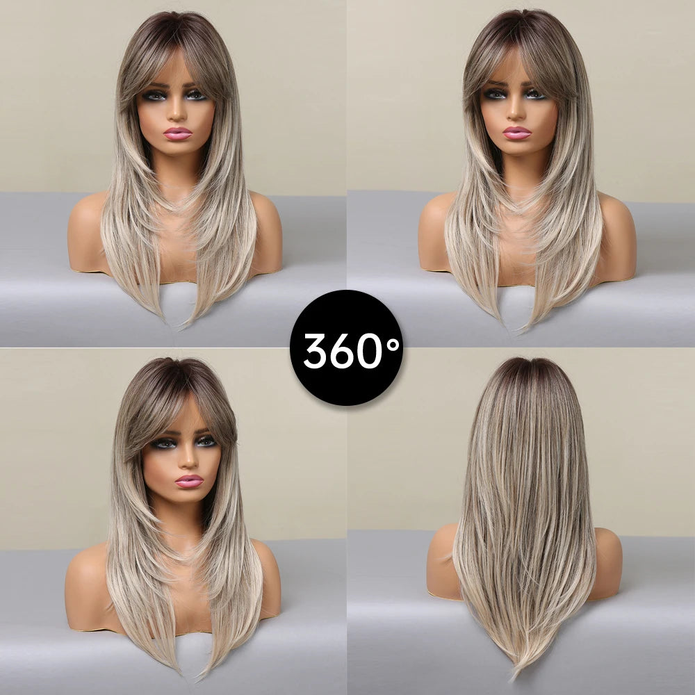 Layered Ombre Brown Blonde Straight Synthetic Wigs