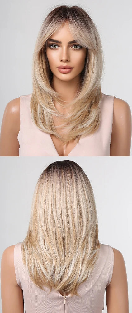 Layered Ombre Brown Blonde Straight Synthetic Wigs