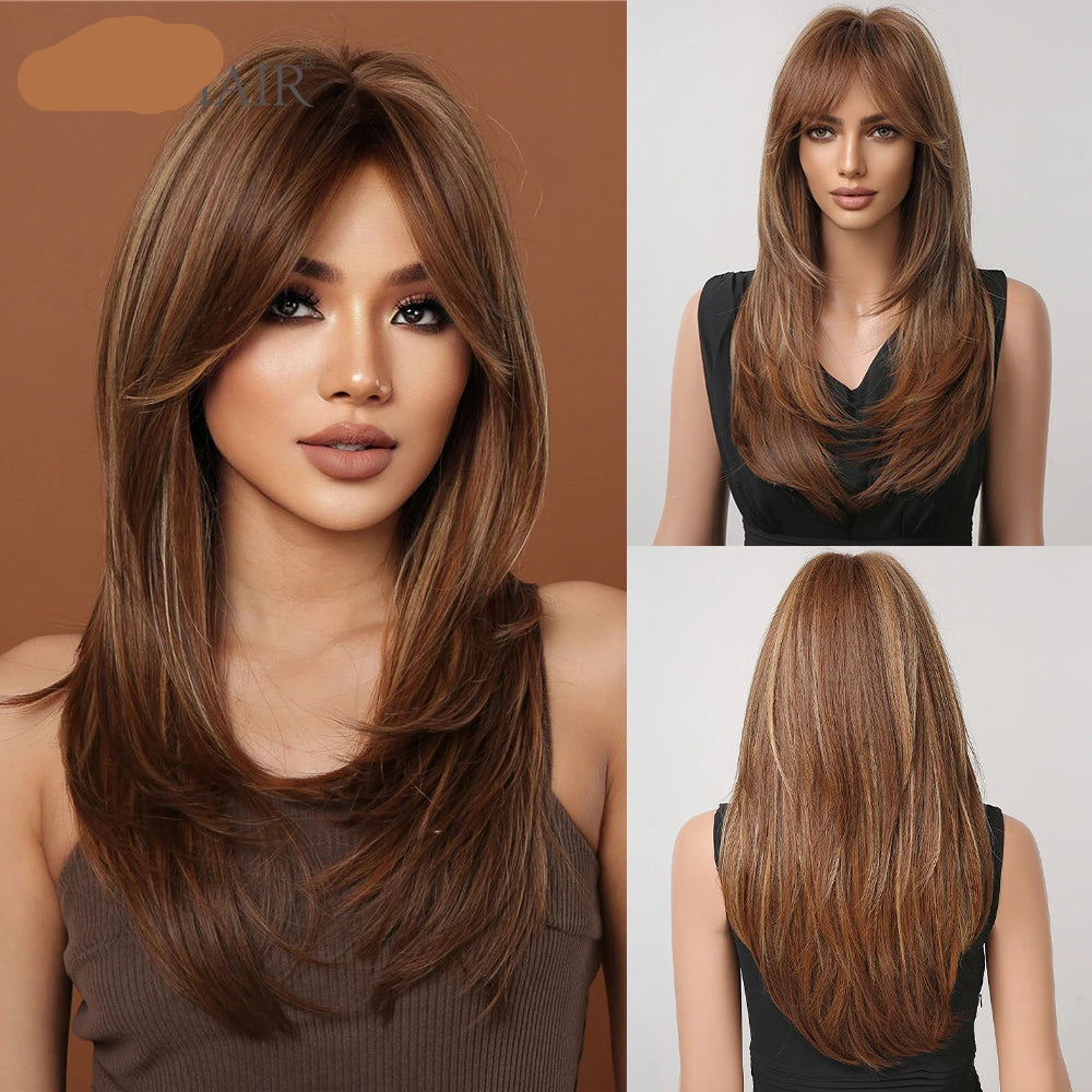 Layered Ombre Brown Blonde Straight Synthetic Wigs