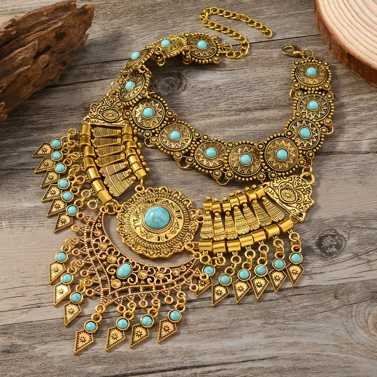 Gold Layered Retro Teardrop Tassel Collar Jewelry