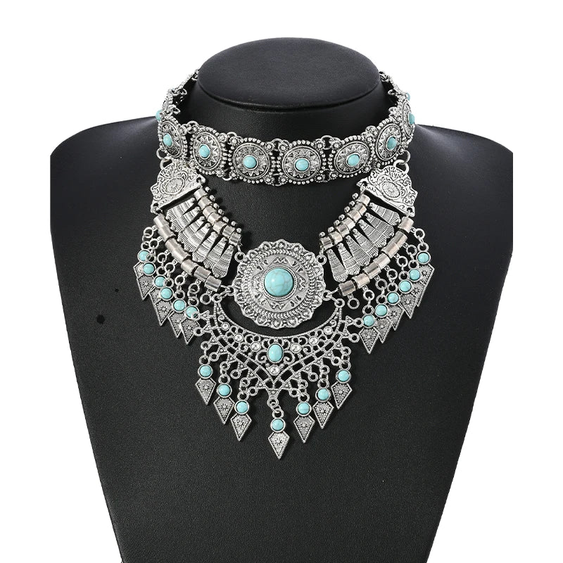 Silver Layered Retro Teardrop Tassel Collar Jewelry