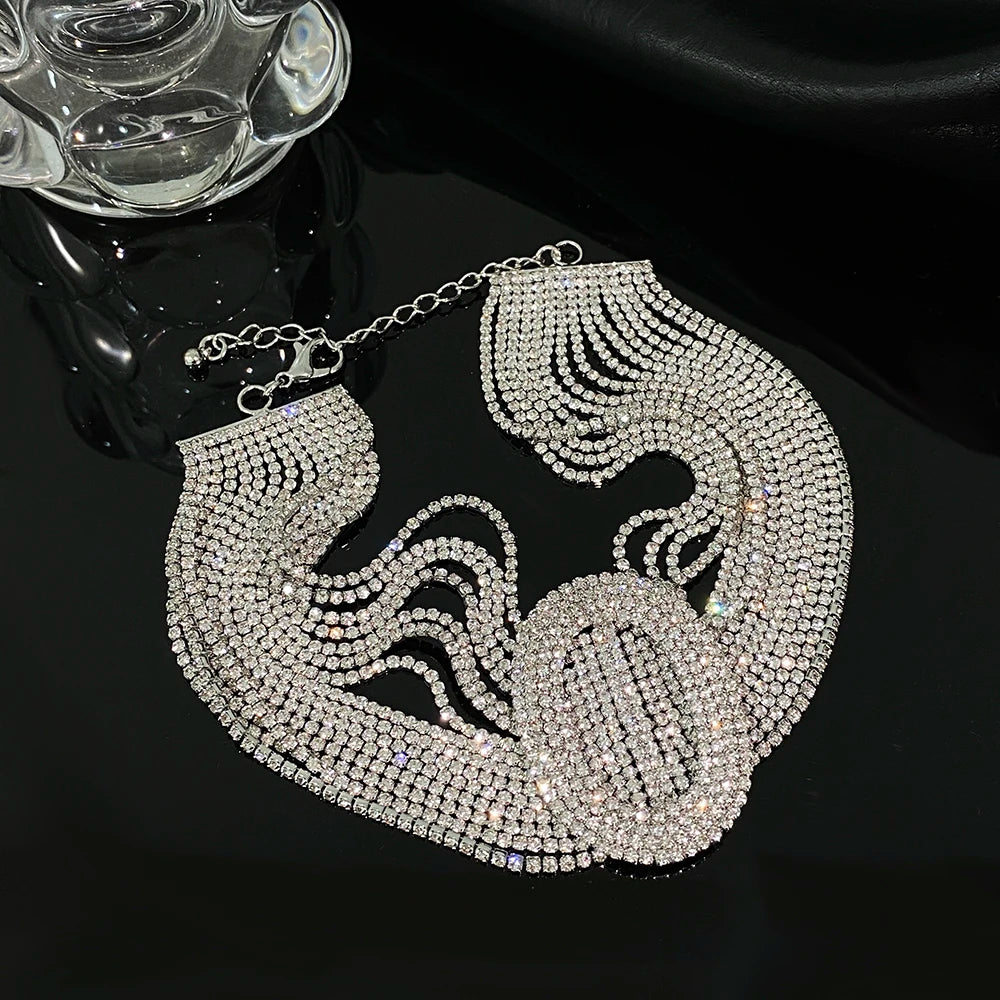 Silver Layered Shiny Crystal Chokers Rhinestone Party Jewelry