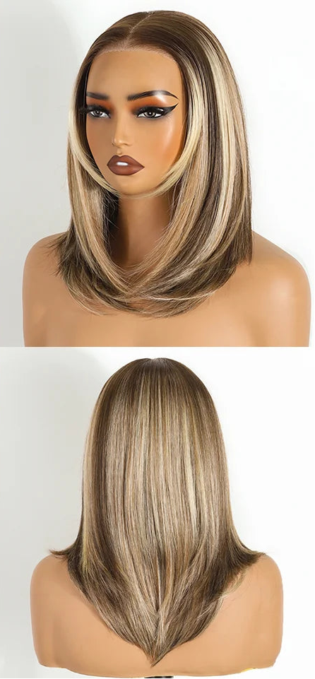 Highlight Blonde Layered Wear And Go Straight Short Bob Synthetic Lace Front Wigs