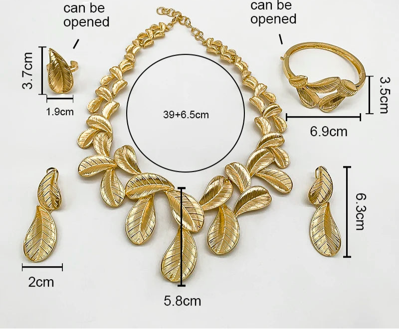 Leaf Shaped Gold Plated 4Pcs Jewelry Set size