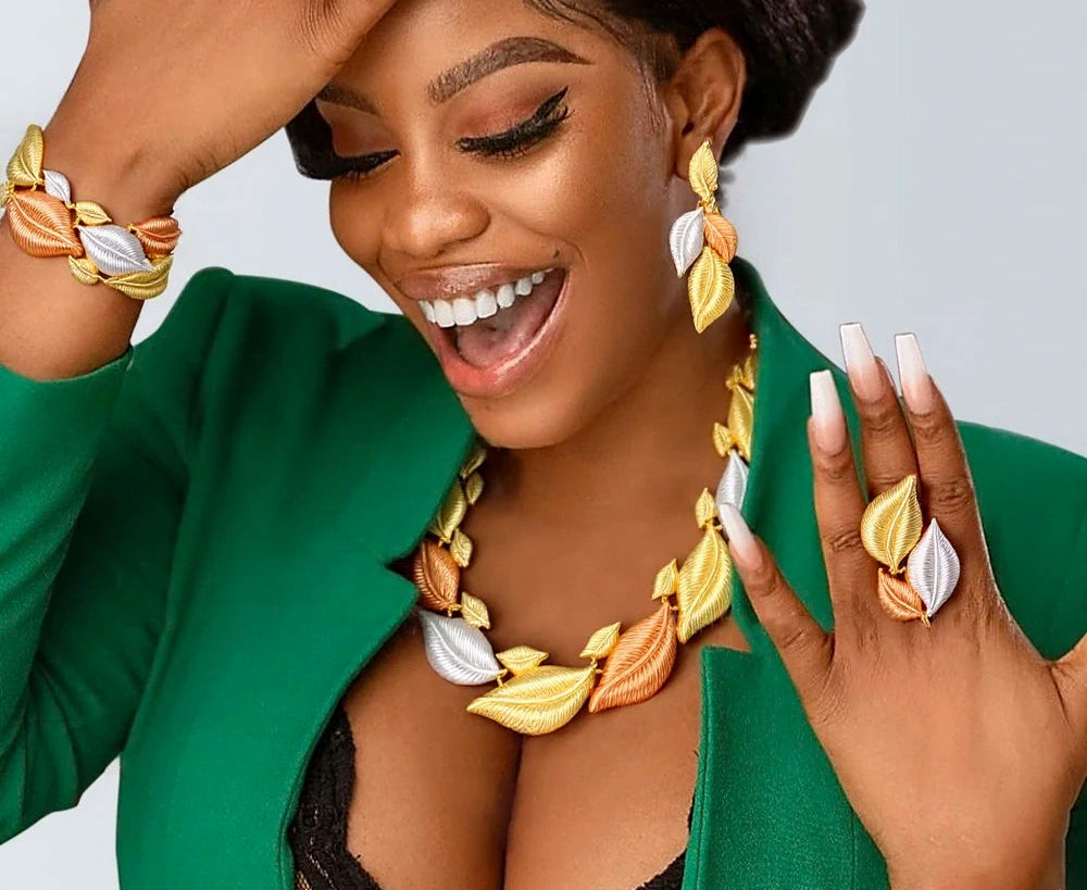 Model using Leaf Shaped Party Jewelry Set