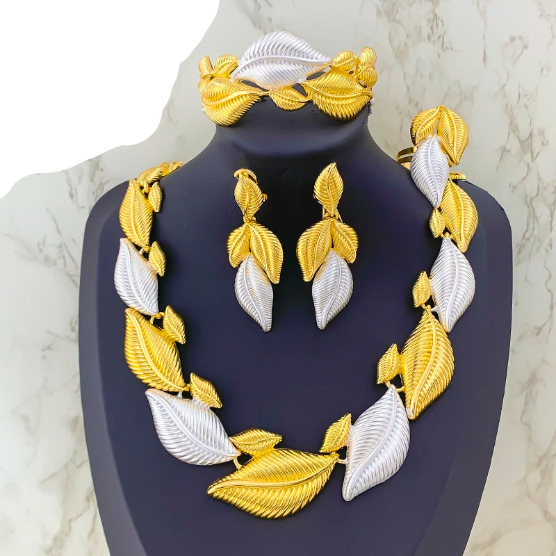 Silver Gold Leaf Shaped Party Jewelry Set