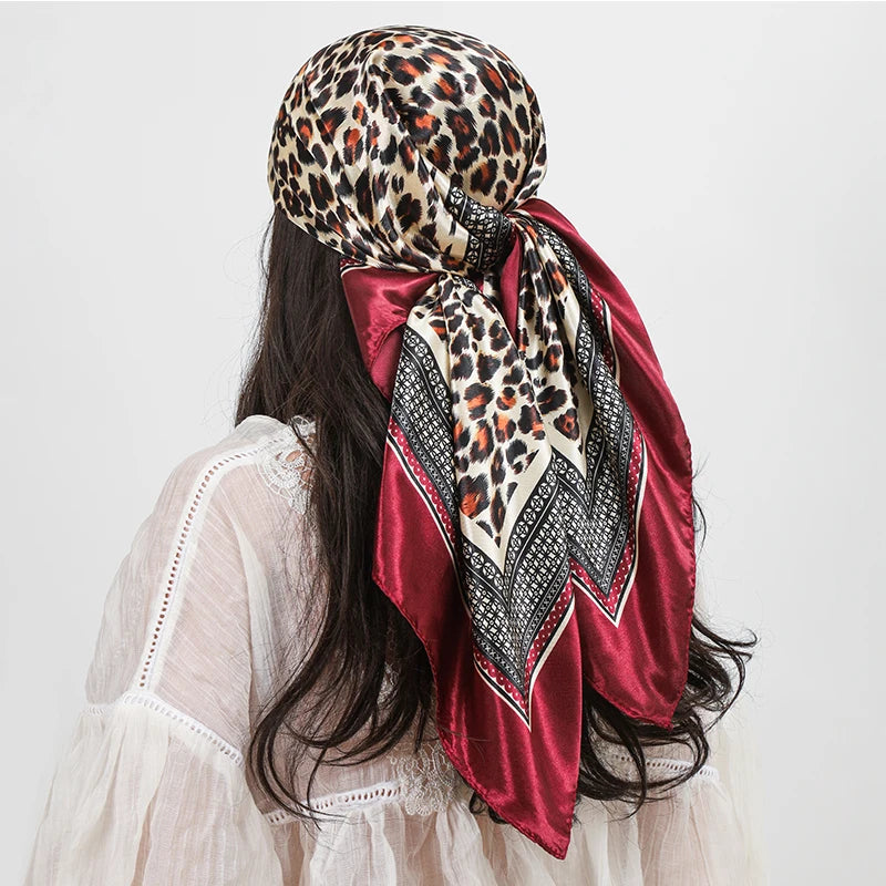 Red Leopard Print 90cm Square Silk Scarf Satin Headband Hijabs