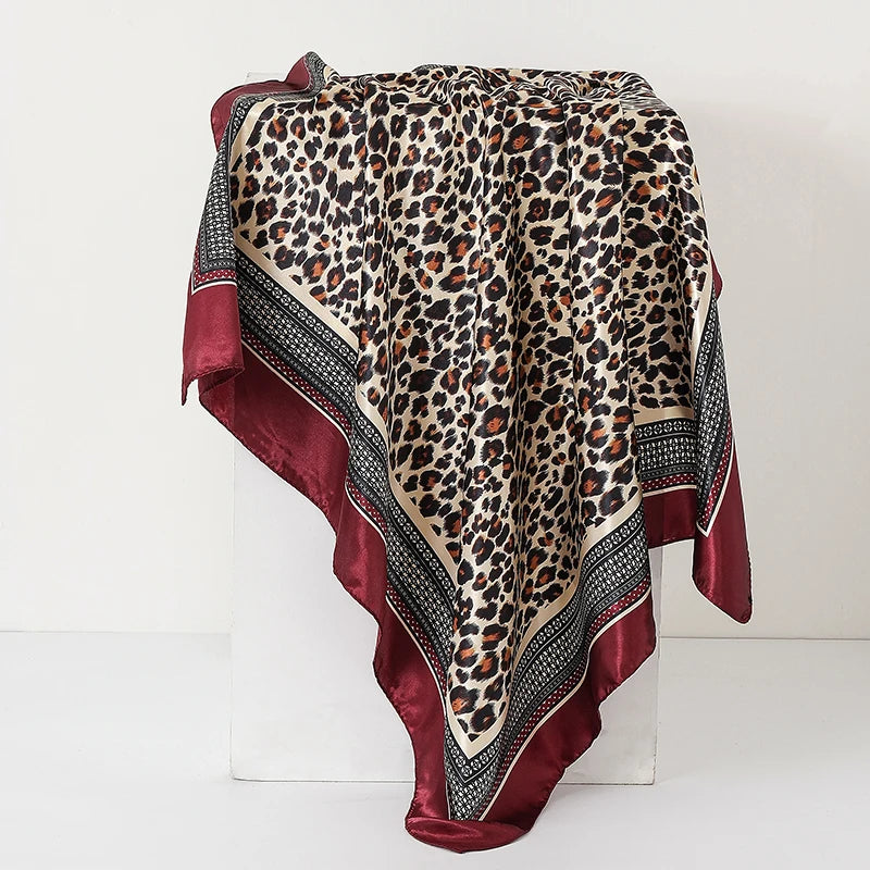 Red Leopard Print 90cm Square Silk Scarf Satin Headband Hijabs