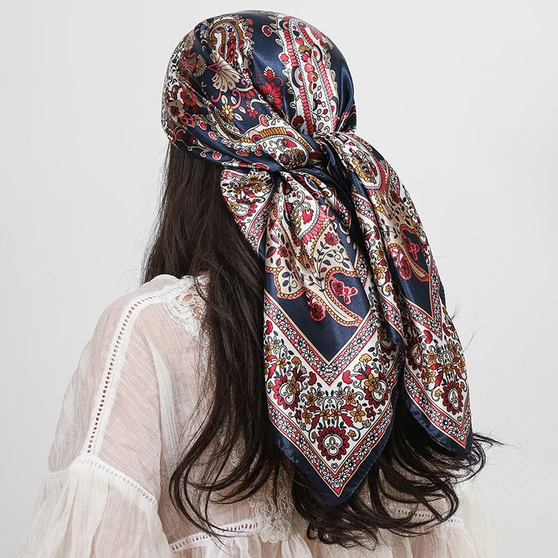 Blue Print Square Turban Bandana Silk Satin Scarf