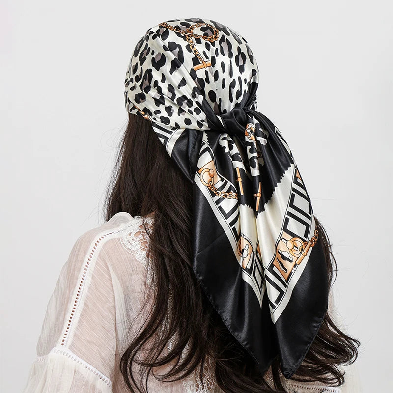 Black Leopard Print Square Turban Bandana Silk Satin Scarf