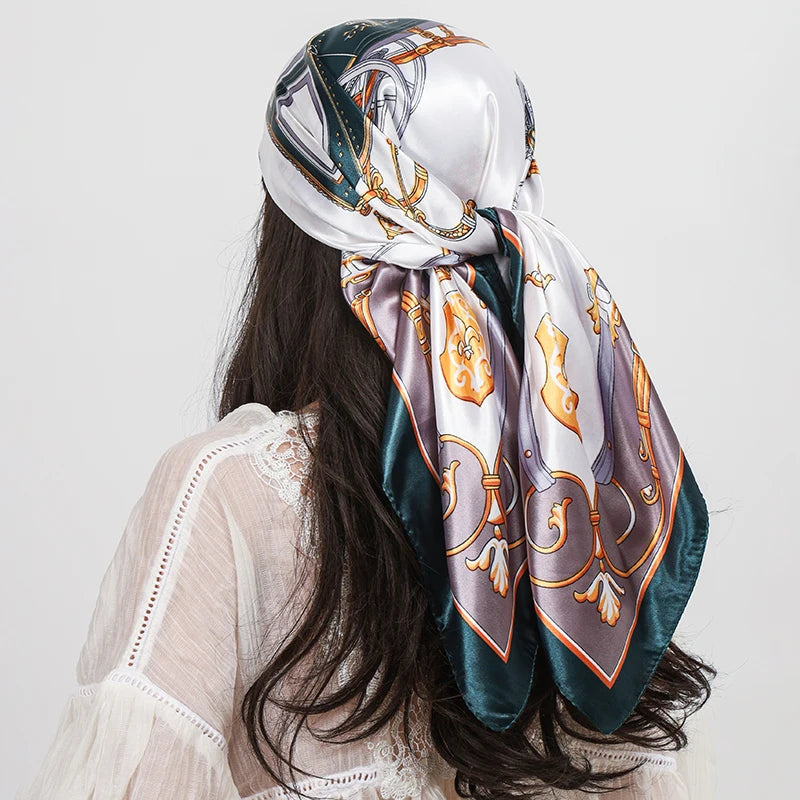 White Blue Leopard Print Square Turban Bandana Silk Satin Scarf