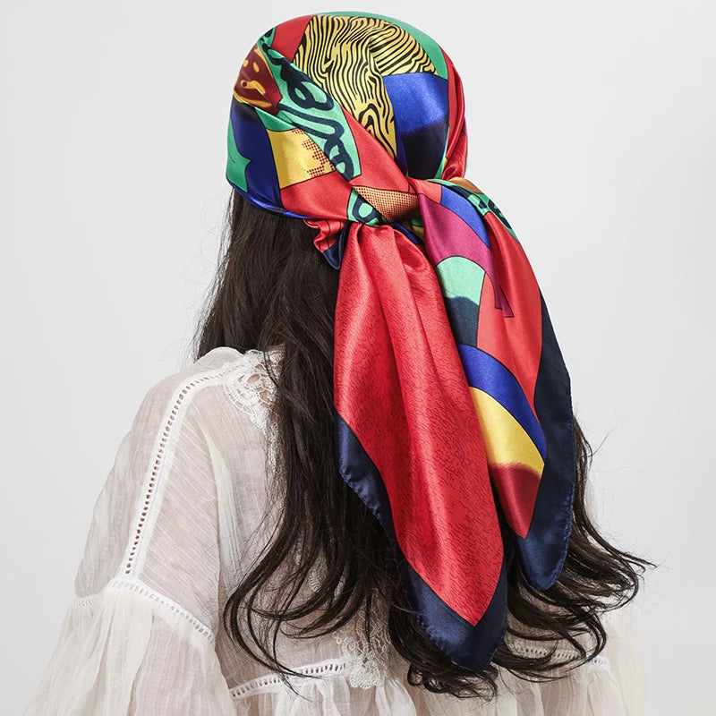 Multicolor Print Square Turban Bandana Silk Satin Scarf