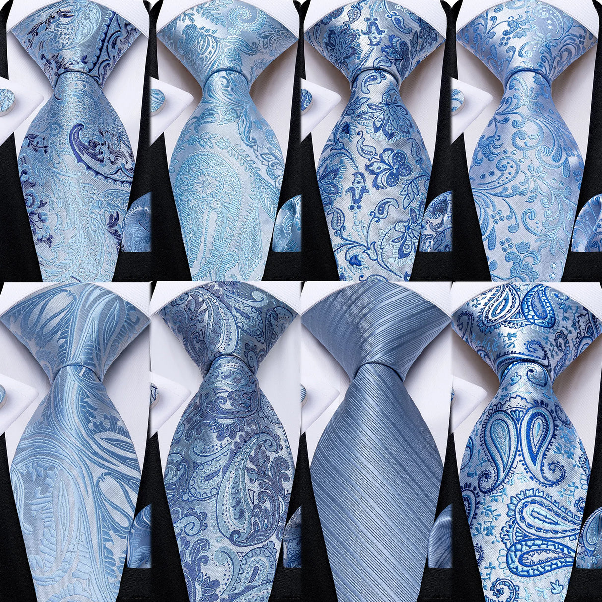 Collection of Light Blue Paisley Handkerchief Cufflinks Striped Silk