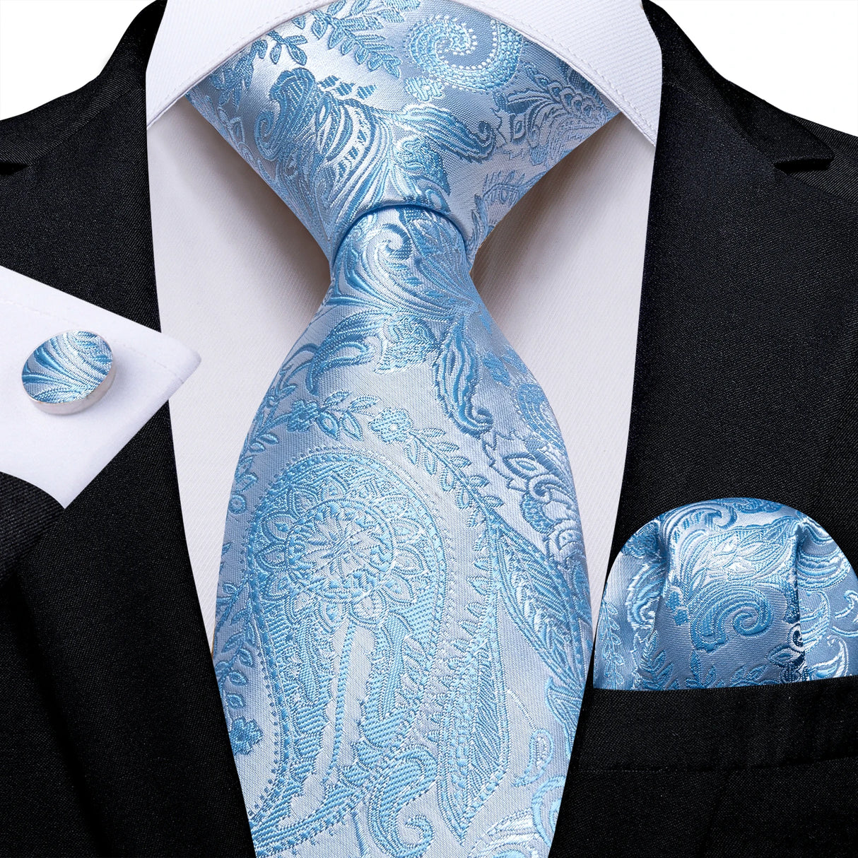 Light Blue Paisley Handkerchief Cufflinks Striped Silk