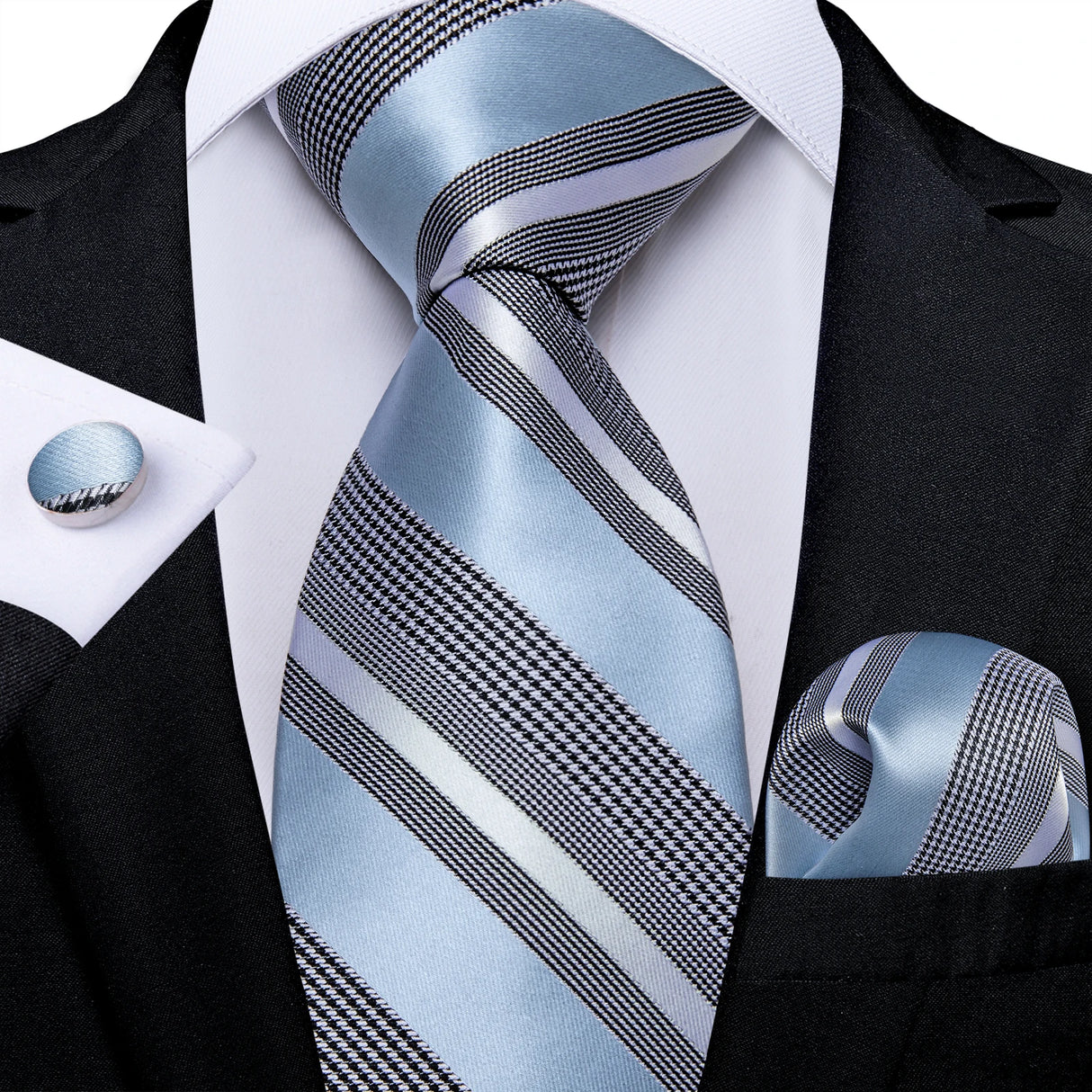 Light Blue Paisley Handkerchief Cufflinks Striped Silk