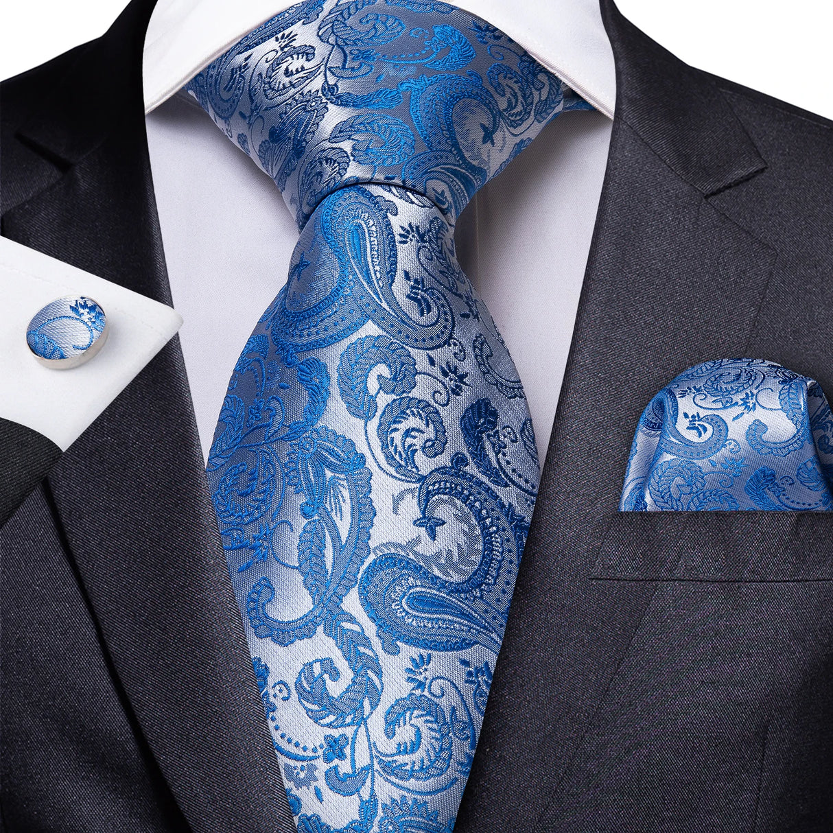 Light Blue Paisley Handkerchief Cufflinks Striped Silk