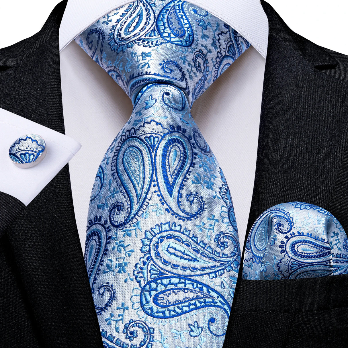 Light Blue Paisley Handkerchief Cufflinks Striped Silk