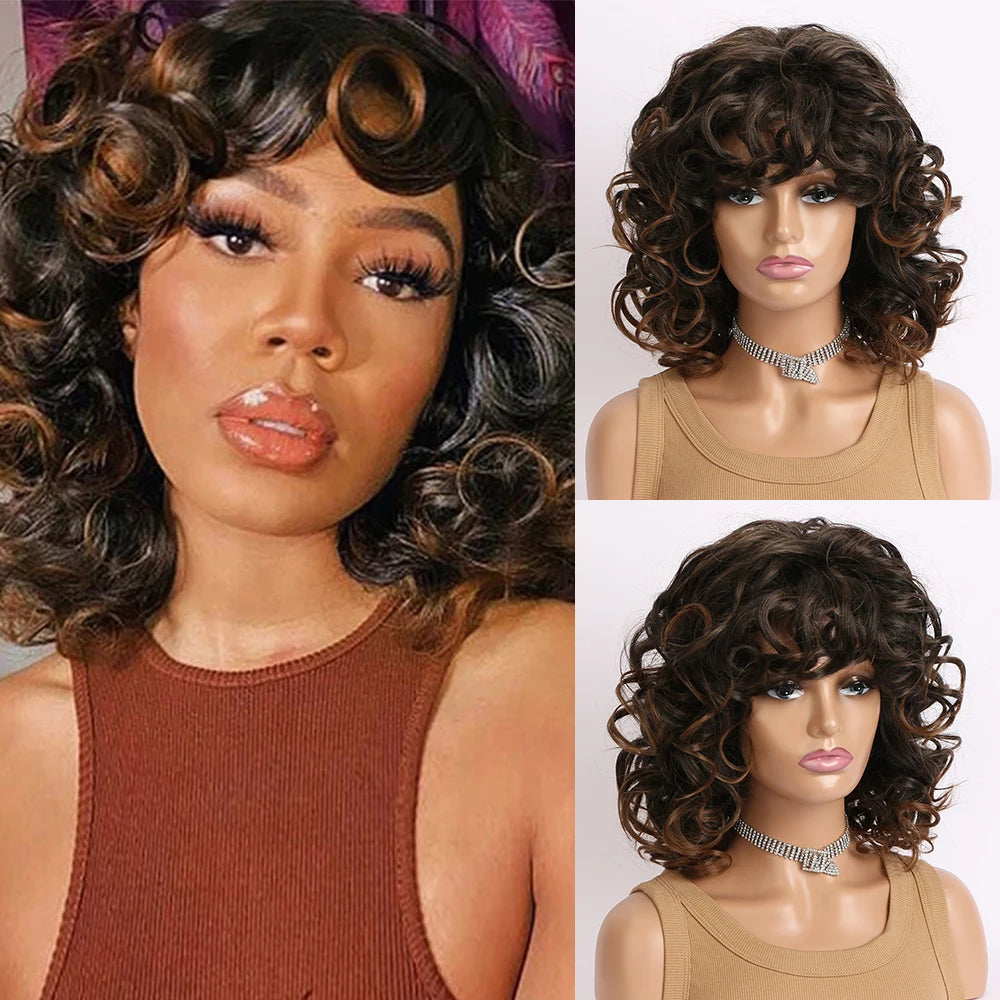 Black Light Gold Short Curly Synthetic Wig