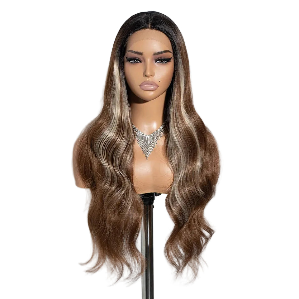 Brown White Long Body Wavy 30" Synthetic Lace Front Wigs