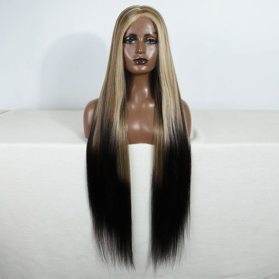 Black Brown Long Cosplay Lace Wigs 38 Inch Synthetic Lace Front Wigs