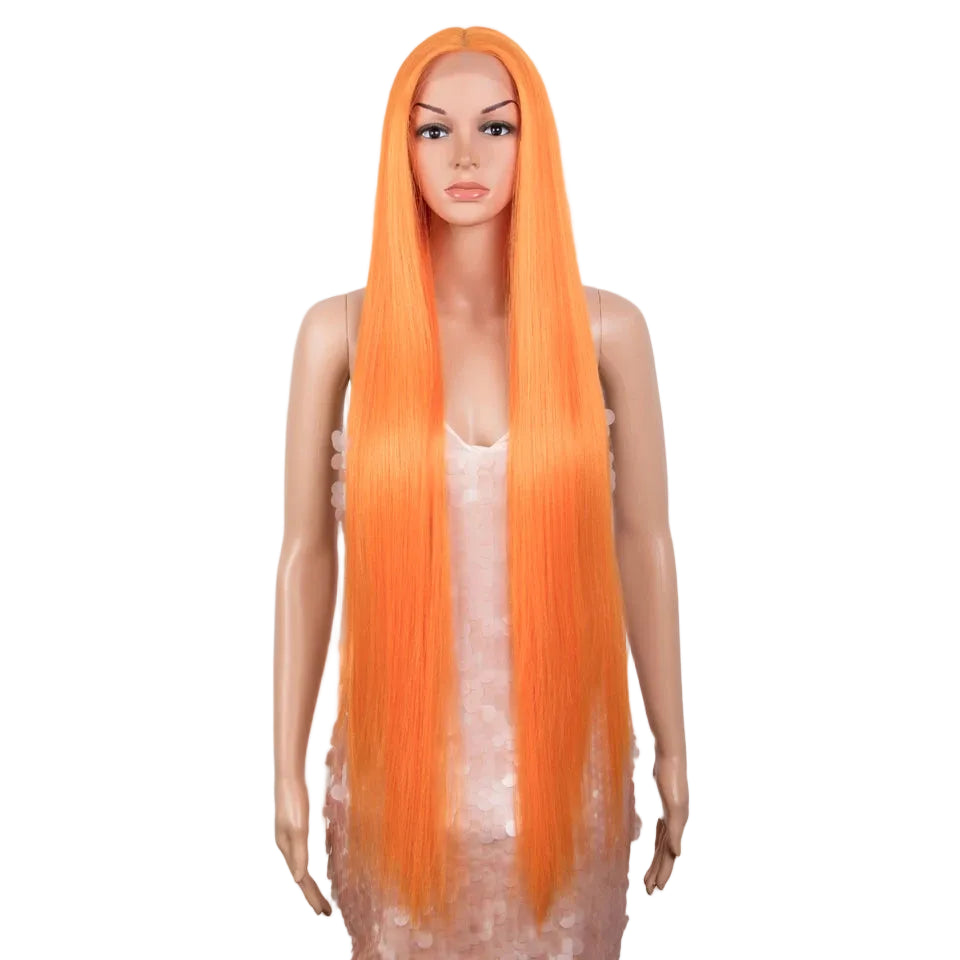 Orange Long Cosplay Lace Wigs 38 Inch Synthetic Lace Front Wigs