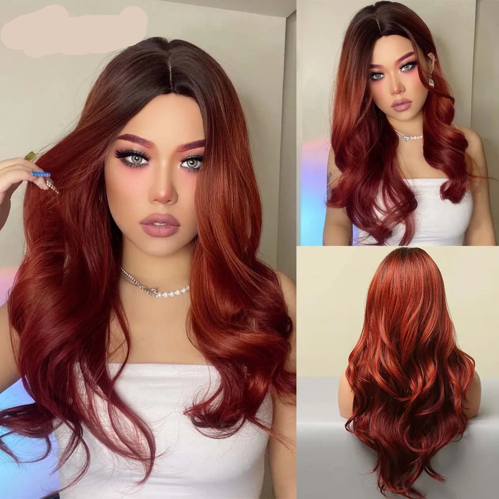 Red Long Curly Wave Synthetic Wigs Wigs with Bangs