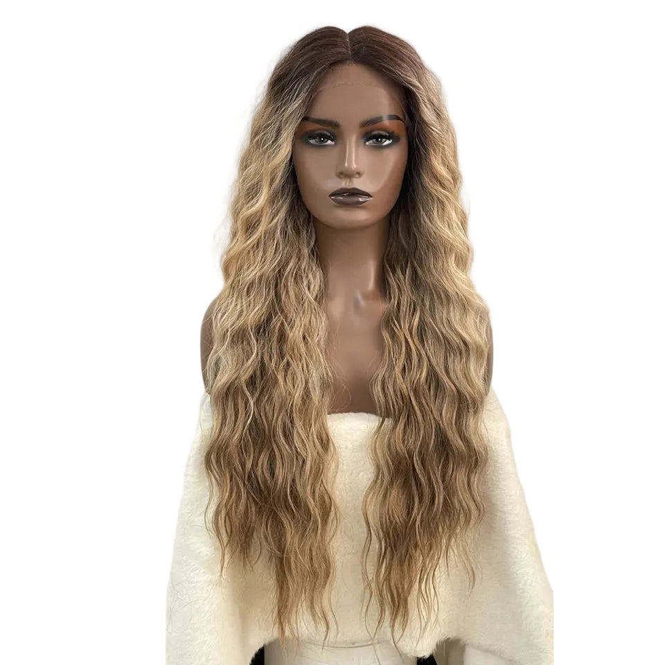 Brown Long Curly Wavy Ombre Highlight Synthetic Heat Resistant Wigs