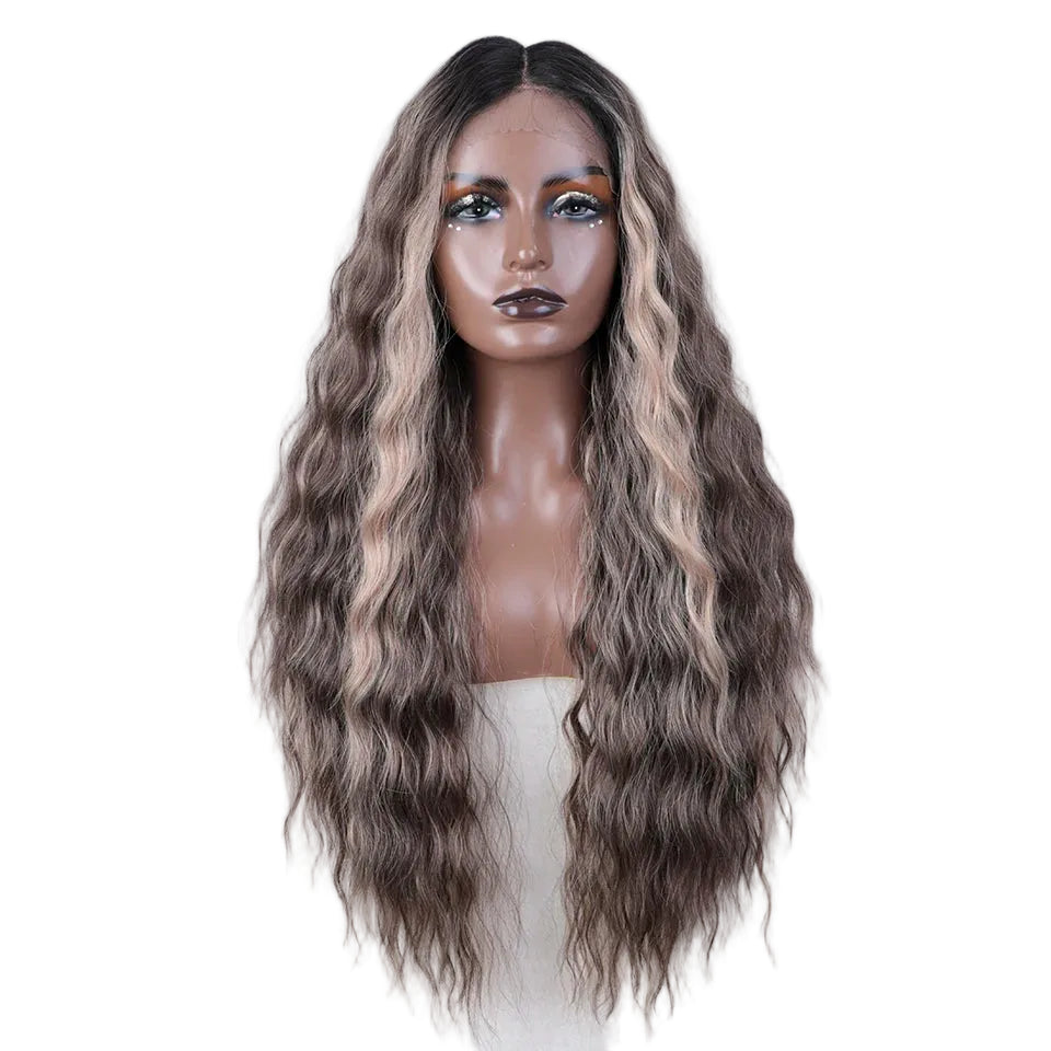 Ash Gray Long Deep Wavy Synthetic Lace High Temperature Wigs