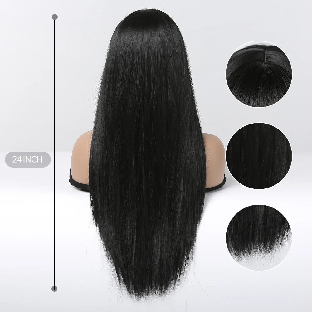 Black Long Silky Straight with Bangs Black Synthetic Wigs