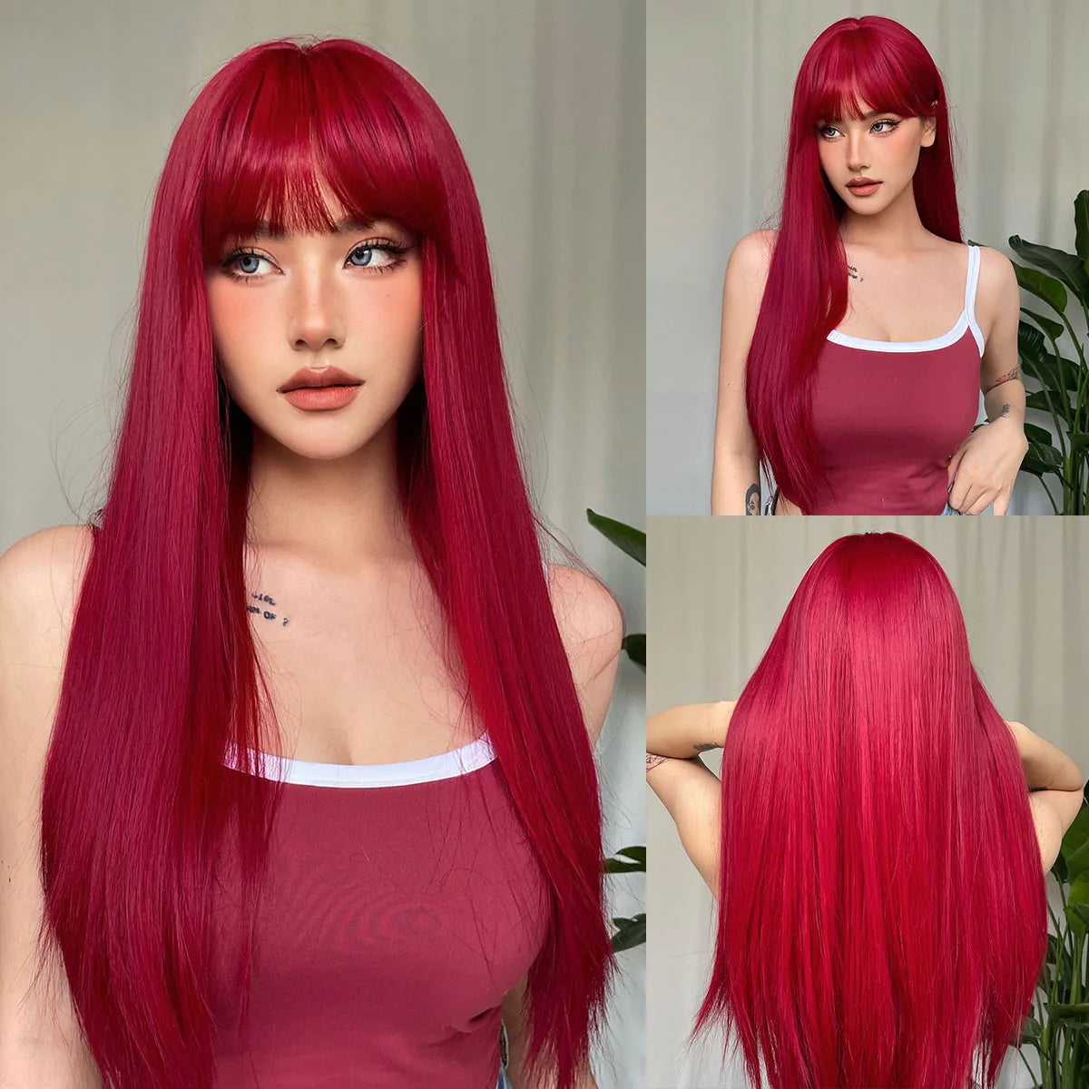 Red Long Silky Straight with Bangs Black Synthetic Wigs