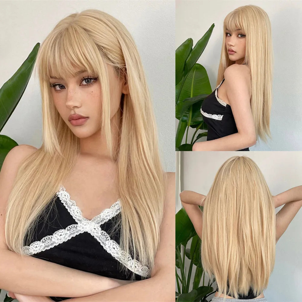 Blonde Long Silky Straight with Bangs Black Synthetic Wigs