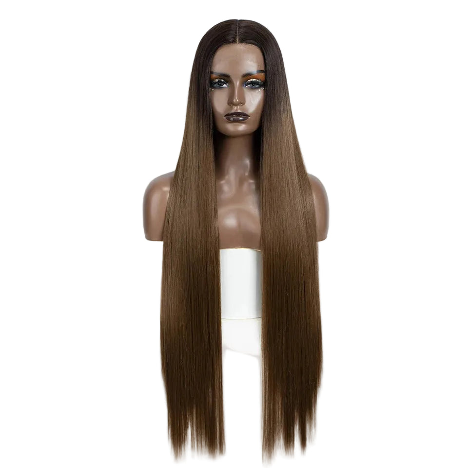 Brown Long Straight 38 Inch Deep Part Synthetic Lace Front Wig