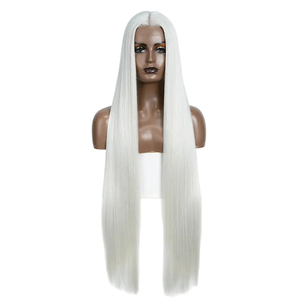 White Long Straight 38 Inch Deep Part Synthetic Lace Front Wig
