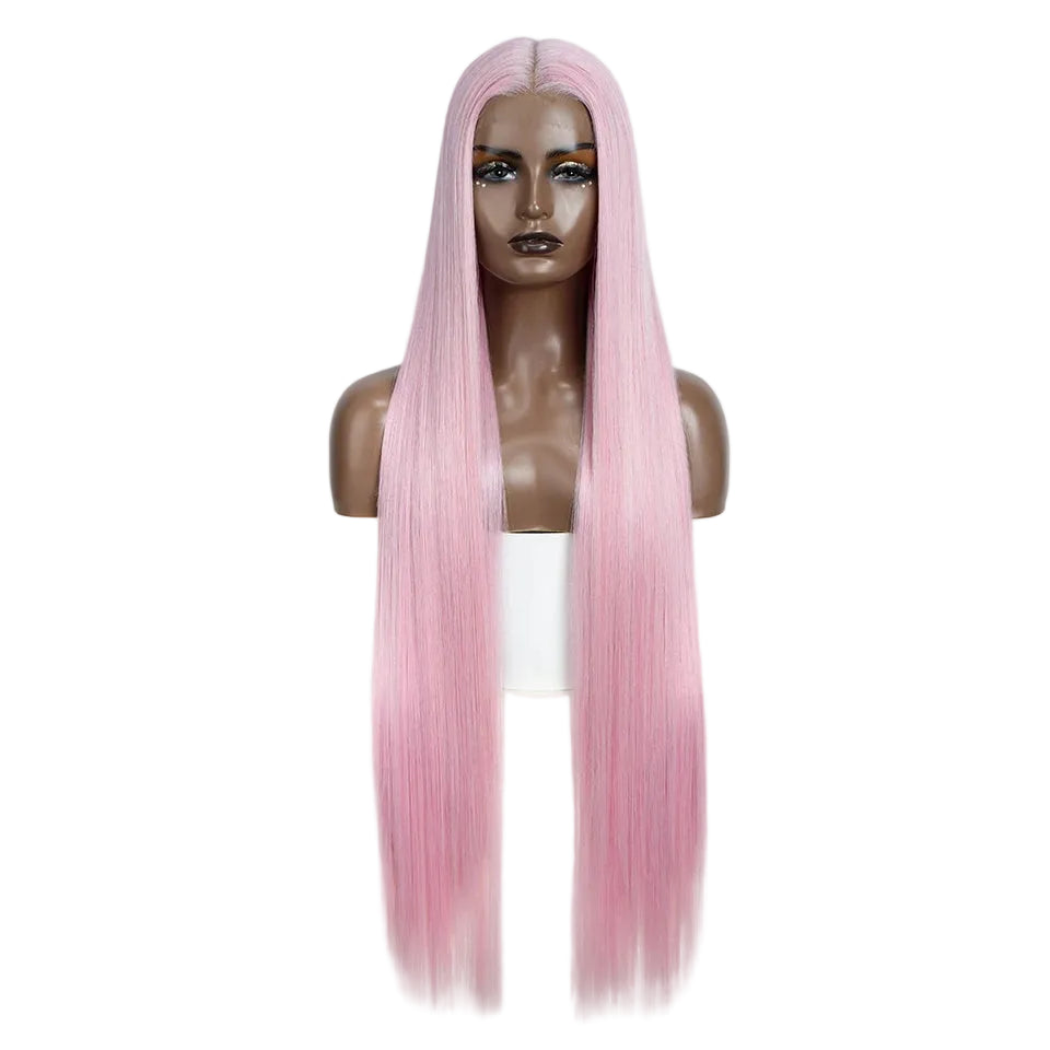 Pink Long Straight 38 Inch Deep Part Synthetic Lace Front Wig