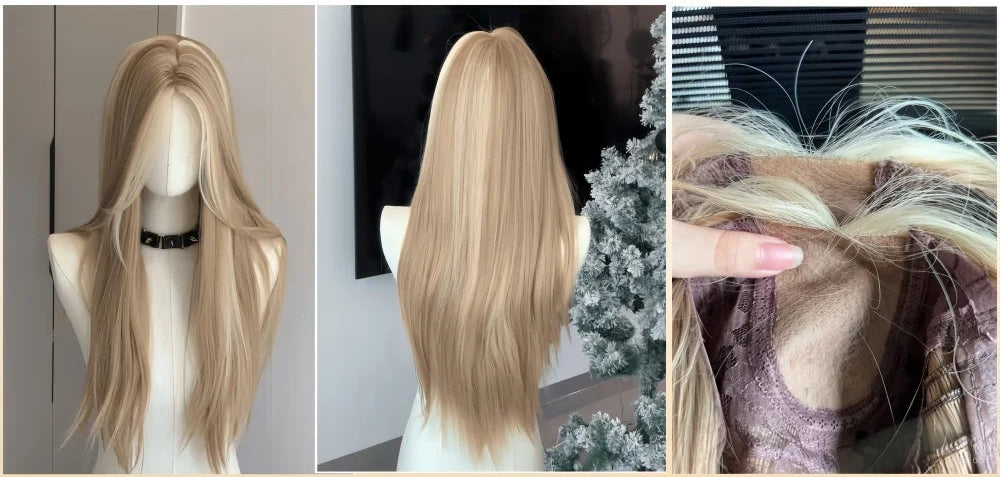 Long Straight Blonde Brown Blonde Lace Front Synthetic Wig