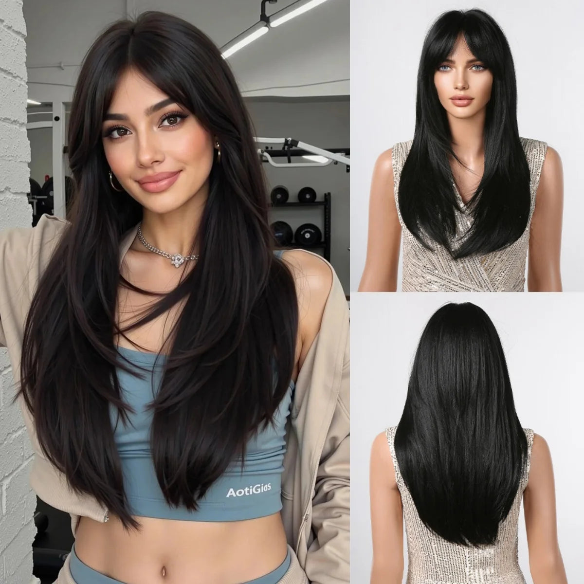 Black Long Straight Layered with Bangs Synthetic Wigs