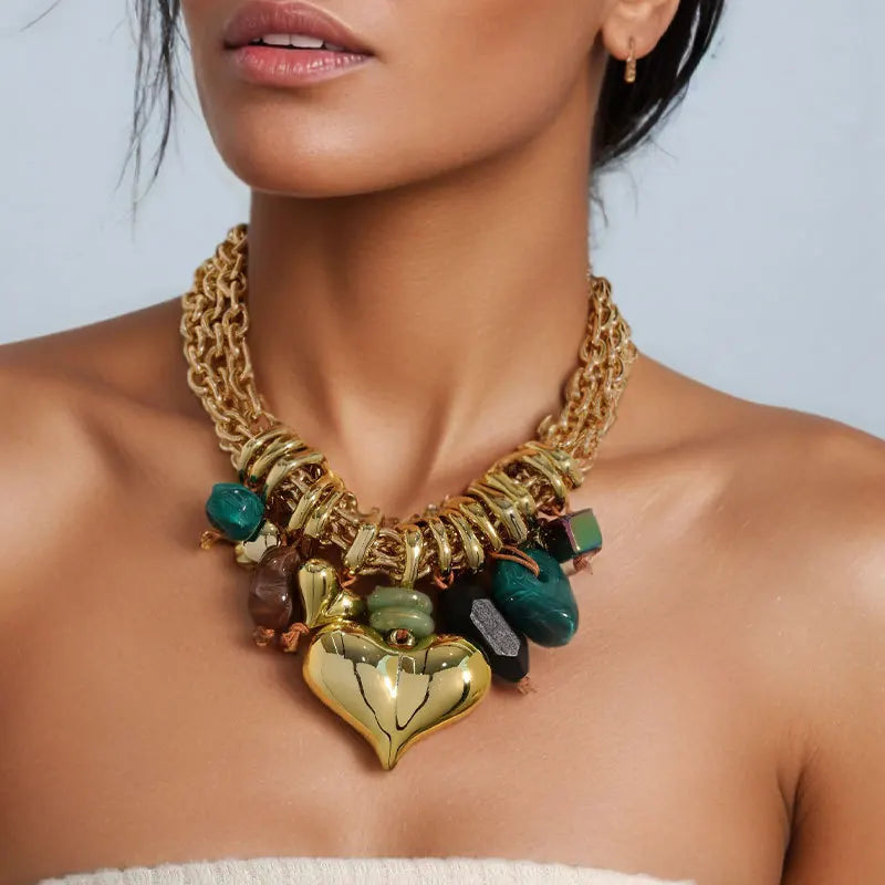 Model Using Love Pendant Statement Multi-layer Beaded Necklace