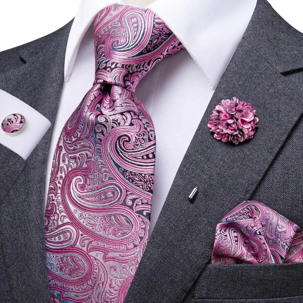 Luxury 8.5cm Pink Paisley Silk Business Tie Pocket Square Cufflink