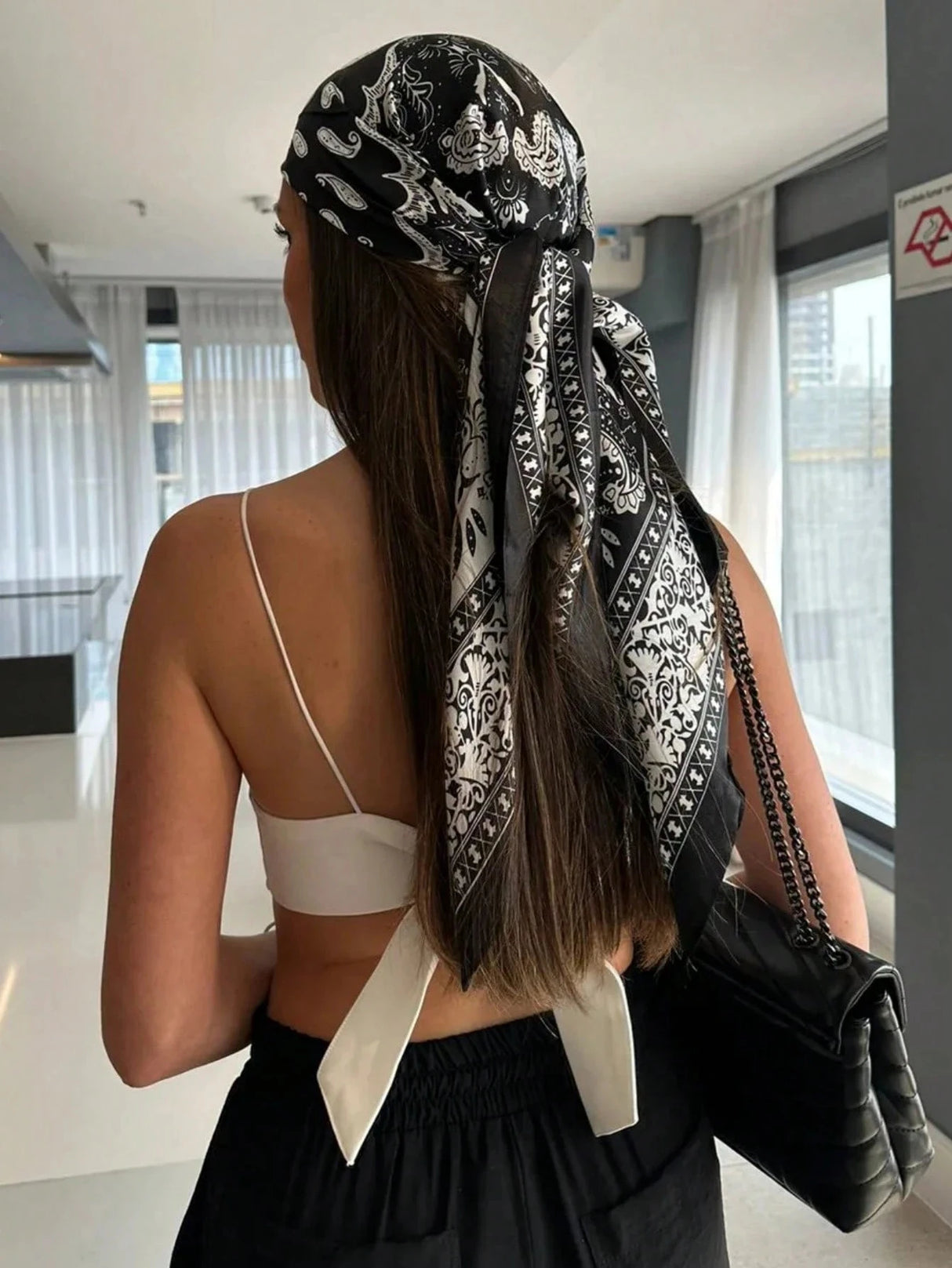 Model using Luxury Beach Satin Square Silk Scarf Print Hijab Scarves Bandana