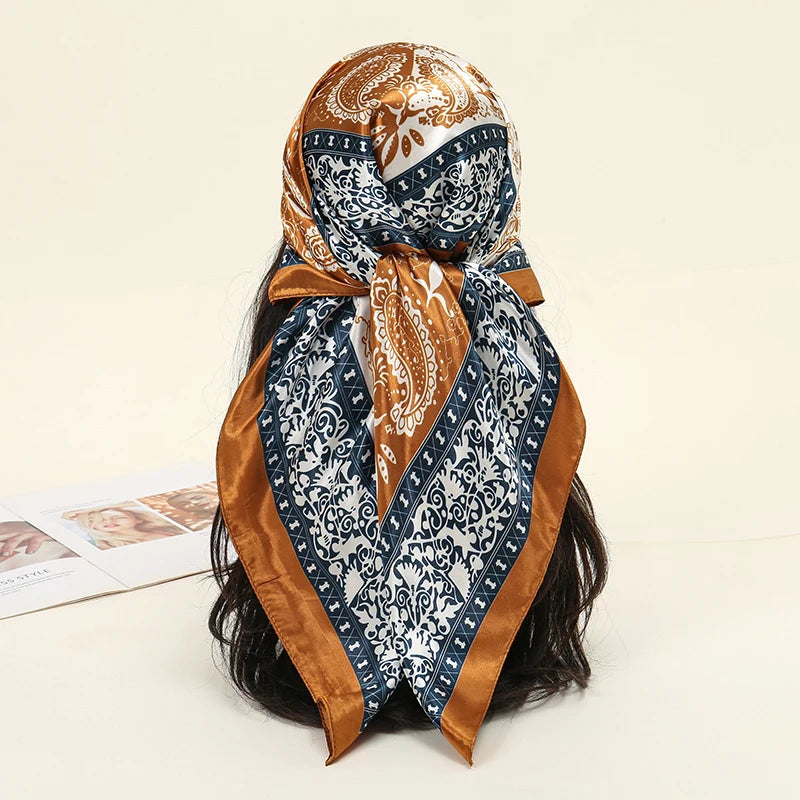 Brown Blue Luxury Beach Satin Square Silk Scarf Print Hijab Scarves Bandana