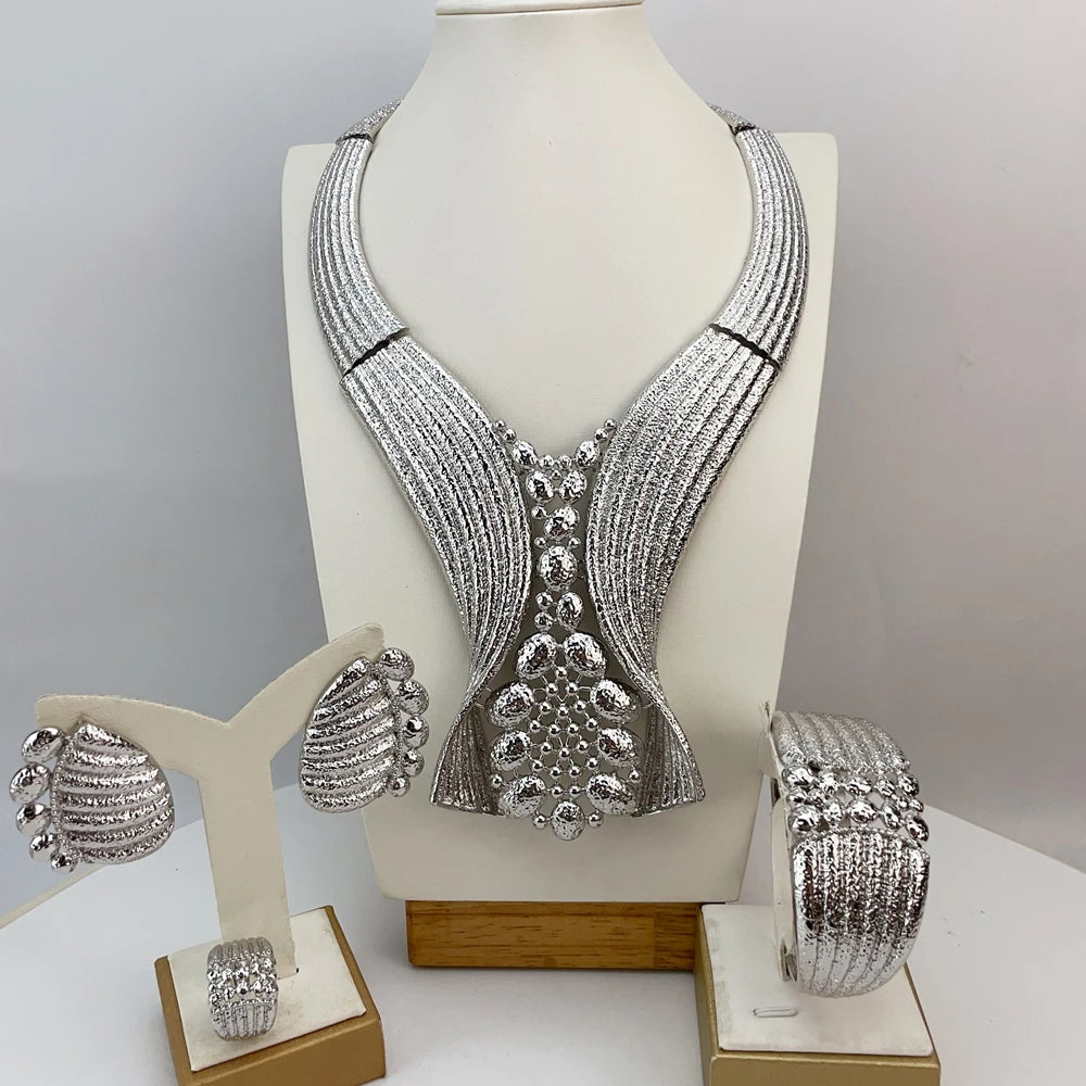 Silver Luxury Big Bold African Bride Jewelry Set