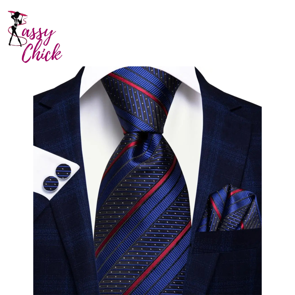 Luxury Blue Plaid Elegant Handky Cufflinks Tie Set Sassy Chick Logo