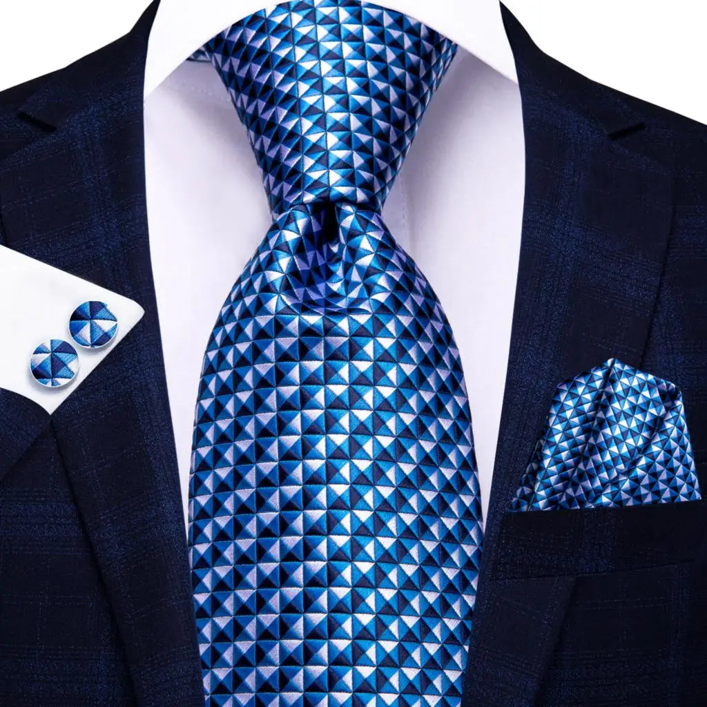 Blue Luxury Blue Plaid Elegant Handky Cufflinks Tie Set