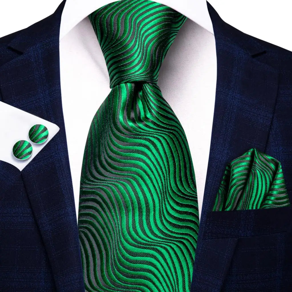 Green Luxury Blue Plaid Elegant Handky Cufflinks Tie Set
