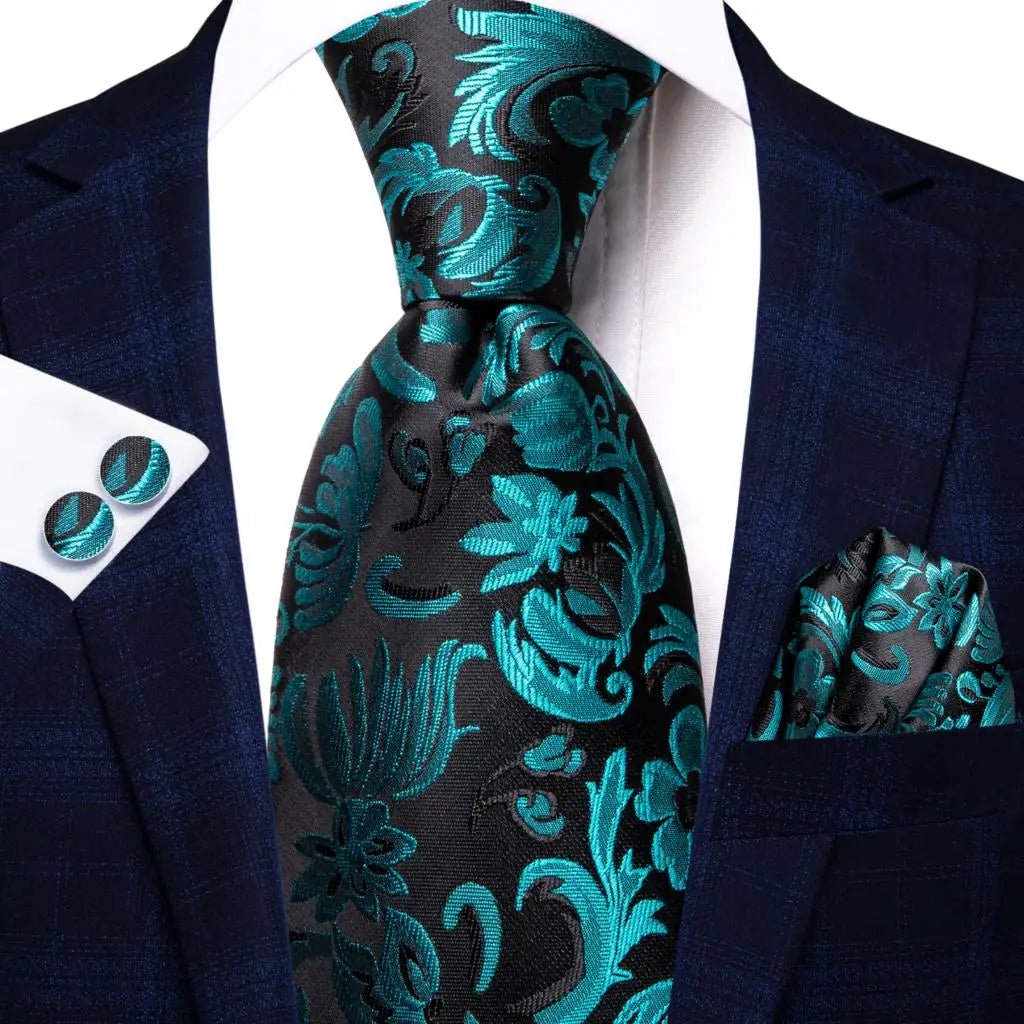 Green Luxury Blue Plaid Elegant Handky Cufflinks Tie Set
