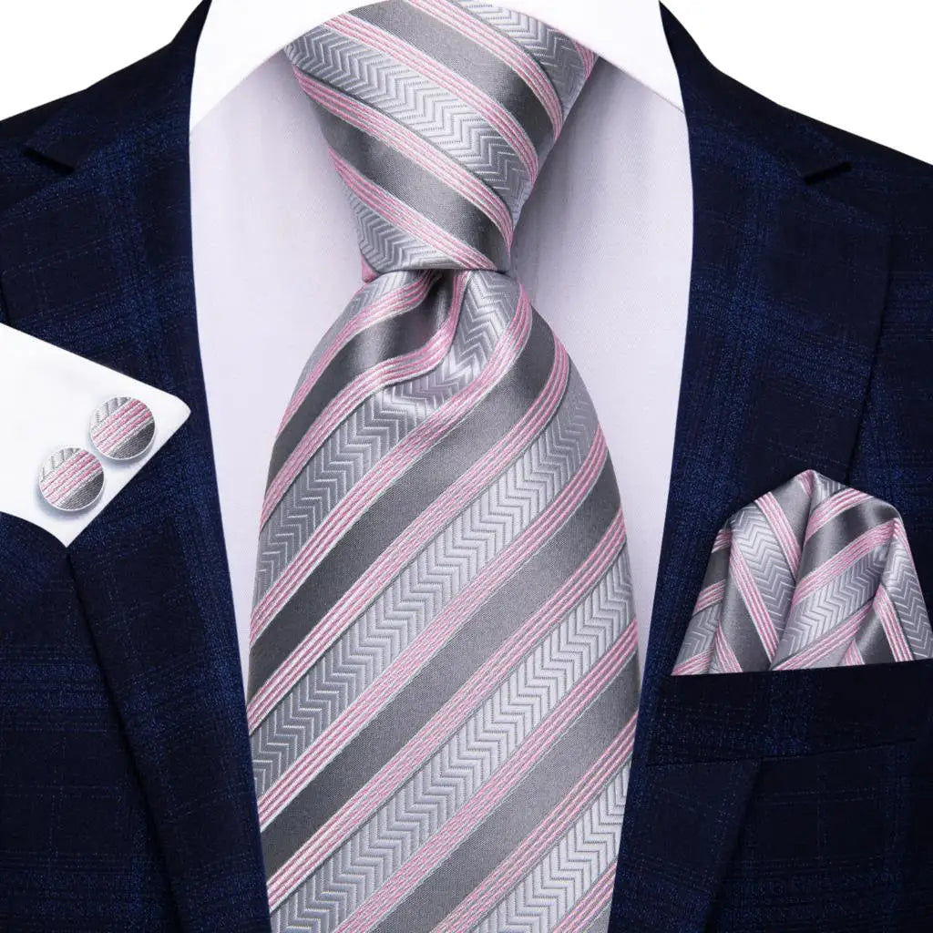 Pink Luxury Blue Plaid Elegant Handky Cufflinks Tie Set