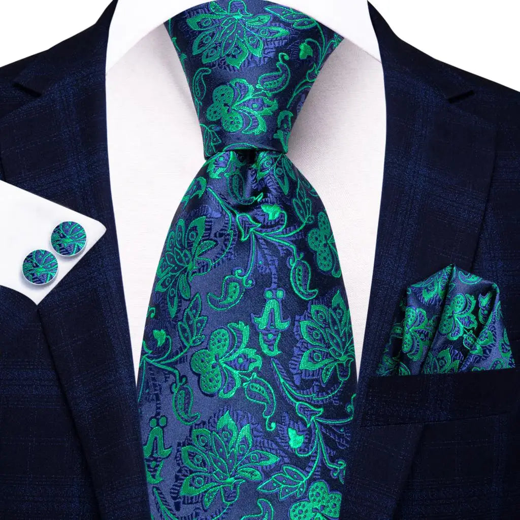 Luxury Blue Plaid Elegant Handky Cufflinks Tie Set