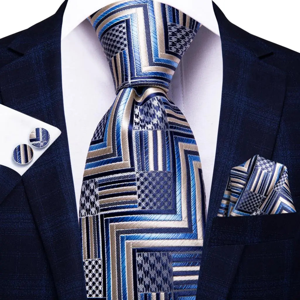 Blue Luxury Blue Plaid Elegant Handky Cufflinks Tie Set