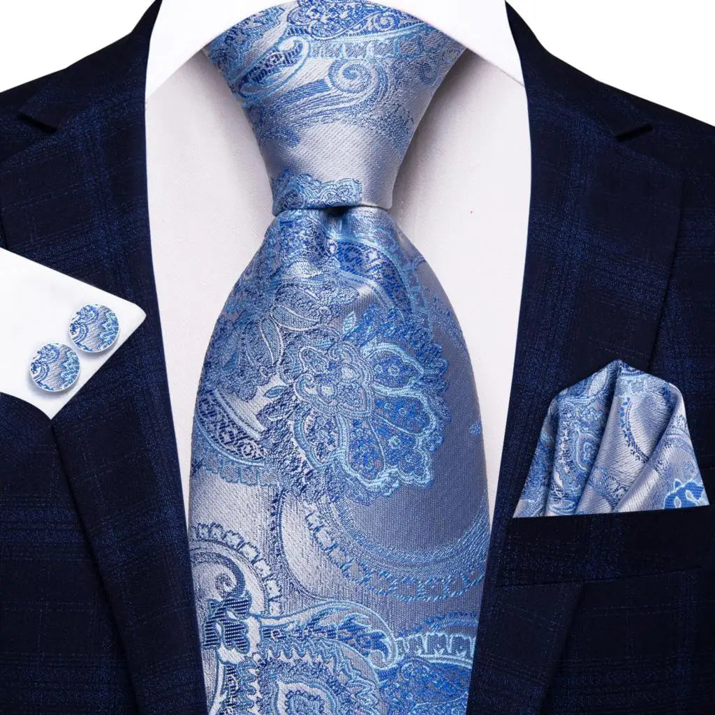 Blue Luxury Blue Plaid Elegant Handky Cufflinks Tie Set