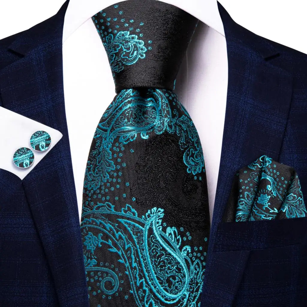Blak Luxury Blue Plaid Elegant Handky Cufflinks Tie Set